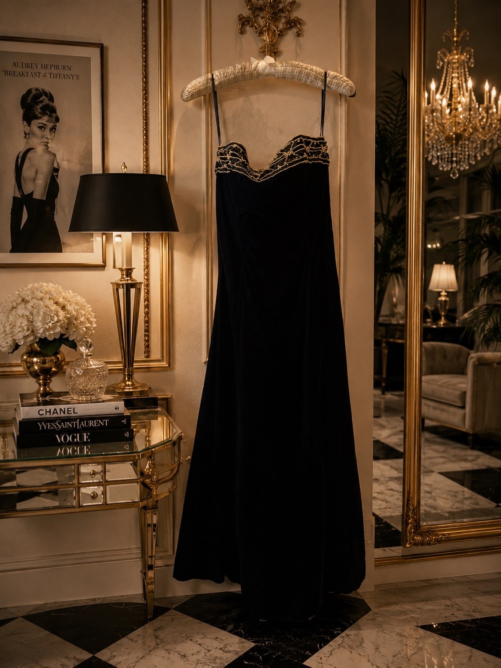 Jessica McClintock Gunne Sax Black Velvet Beaded Strapless Gown Size 7/8 USA